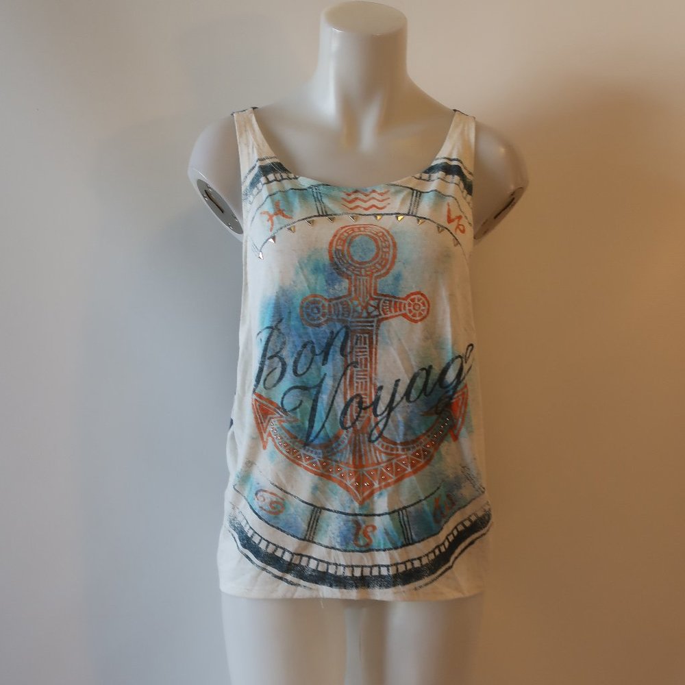 Womens The Clas-sic Blue, White "Bon Voyage" Tank L